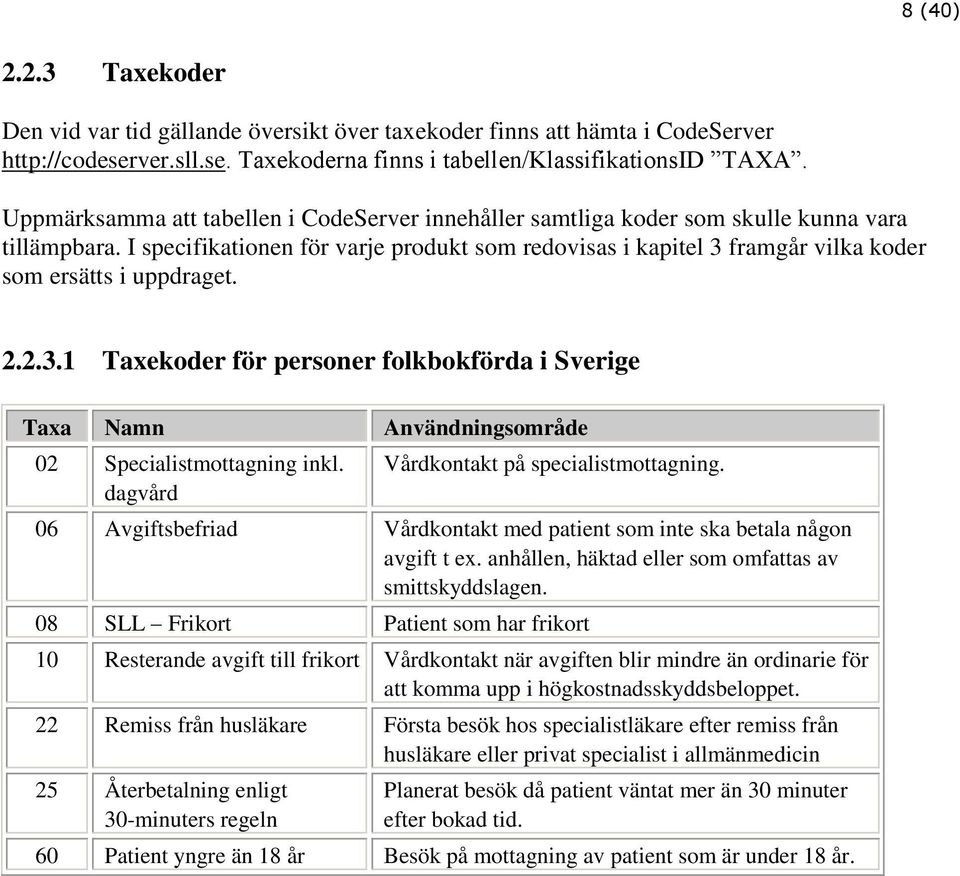 I specifikationen för varje produkt som redovisas i kapitel 3 framgår vilka koder som ersätts i uppdraget. 2.2.3.1 Taxekoder för personer folkbokförda i Sverige Taxa Namn Användningsområde 02 Specialistmottagning inkl.