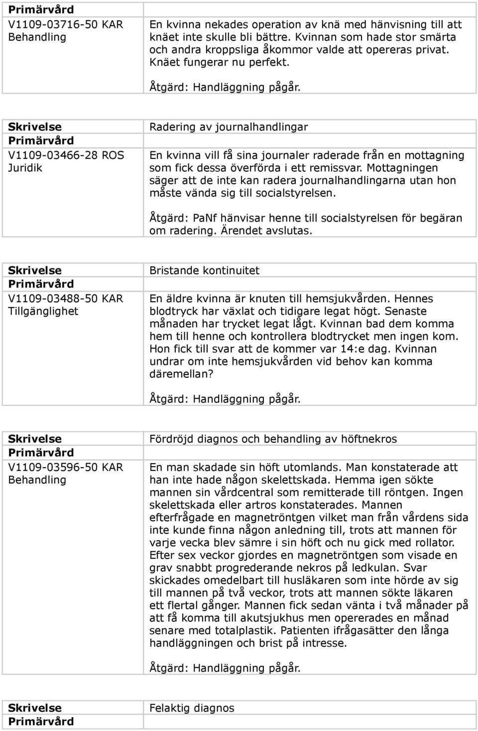 Mottagningen säger att de inte kan radera journalhandlingarna utan hon måste vända sig till socialstyrelsen. Åtgärd: PaNf hänvisar henne till socialstyrelsen för begäran om radering. Ärendet avslutas.