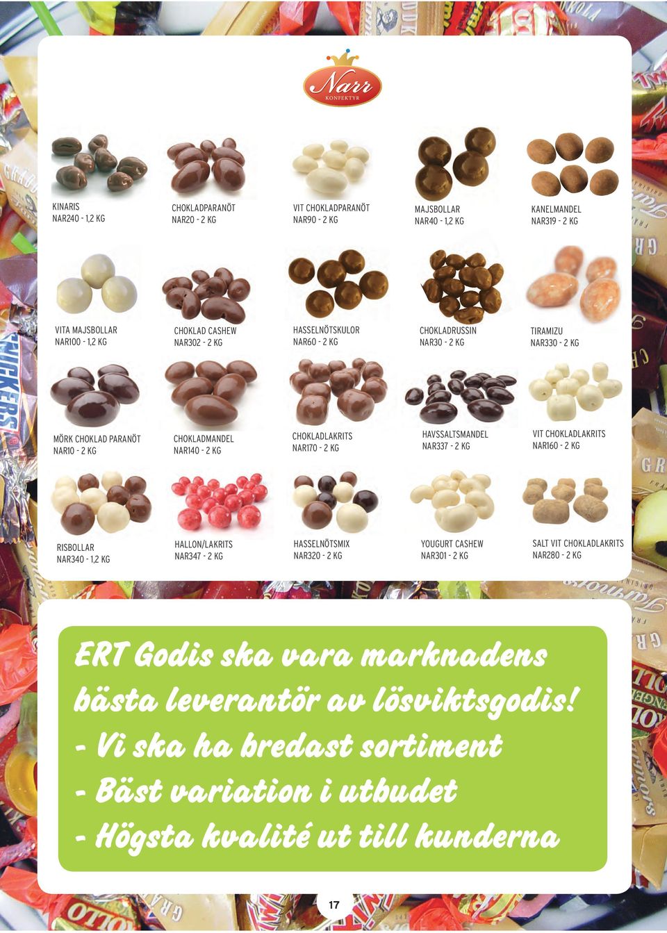 CHOKLADLAKRITS NAR160-2 KG HALLON/LAKRITS NAR347-2 KG HASSELNÖTSMIX NAR320-2 KG YOUGURT CASHEW NAR301-2 KG SALT VIT CHOKLADLAKRITS NAR280-2 KG RISBOLLAR NAR340-1,2 KG