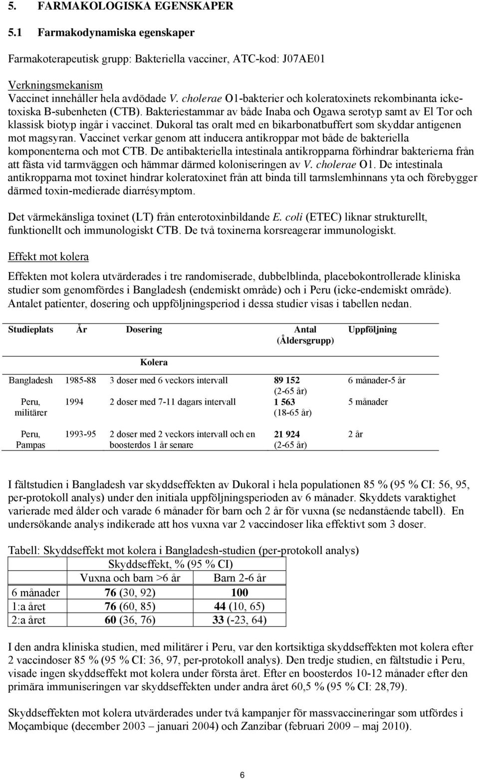 Dukoral tas oralt med en bikarbonatbuffert som skyddar antigenen mot magsyran. Vaccinet verkar genom att inducera antikroppar mot både de bakteriella komponenterna och mot CTB.