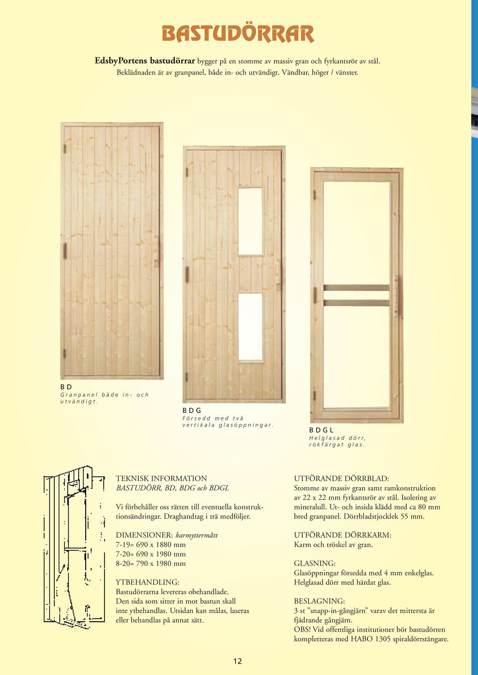 TEKNISK INFORMATION BASTUDÖRR, BD, BDG och BDGL Vi förbehåller oss rätten till eventuella konstruktionsändringar. Draghandtag i trä medföljer.