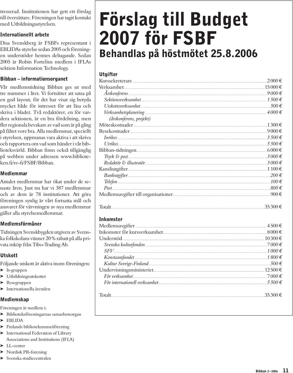 Sedan 2005 är Robin Fortelius medlem i IFLAs sektion Information Technology. Bibban informationsorganet Vår medlemstidning Bibban ges ut med tre nummer i året.
