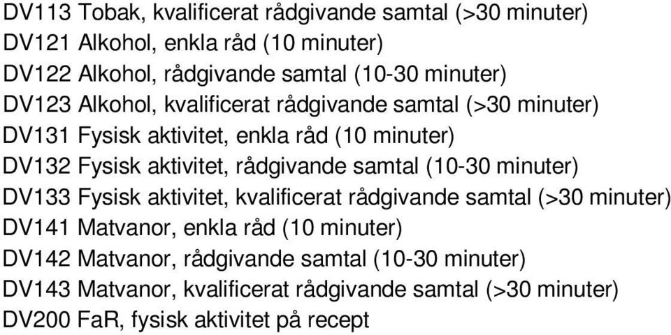 rådgivande samtal (10-30 DV133 Fysisk aktivitet, kvalificerat rådgivande samtal (>30 DV141 Matvanor, enkla råd (10