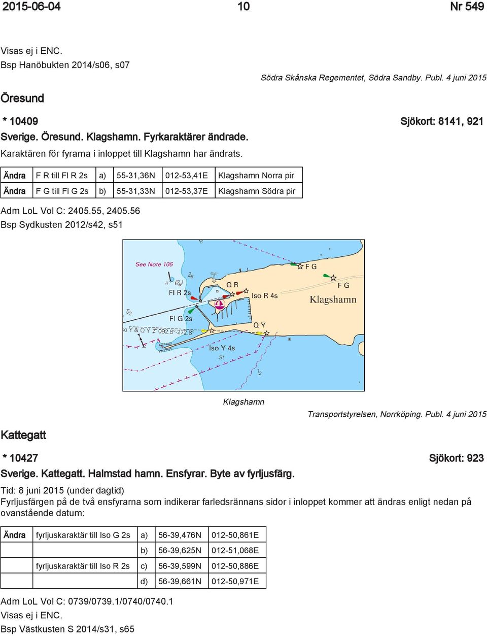 Ändra F R till Fl R 2s a) 55-31,36N 012-53,41E Klagshamn Norra pir Ändra F G till Fl G 2s b) 55-31,33N 012-53,37E Klagshamn Södra pir Adm LoL Vol C: 2405.55, 2405.