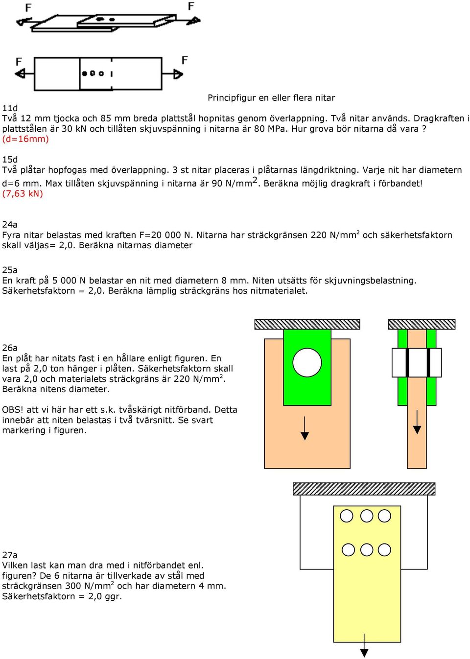 3 st nitar placeras i plåtarnas längdriktning. Varje nit har diametern d=6 mm. Max tillåten skjuvspänning i nitarna är 90 N/mm 2. Beräkna möjlig dragkraft i förbandet!