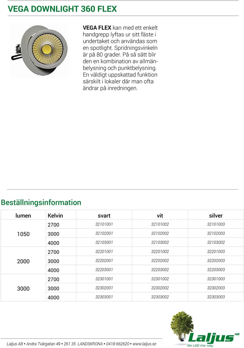 Beställningsinformation lumen Kelvin svart vit silver 1050 2000 2700 32101001 32101002 32101003 32102001 32102002 32102003 4000 32103001 32103002 32103002 2700