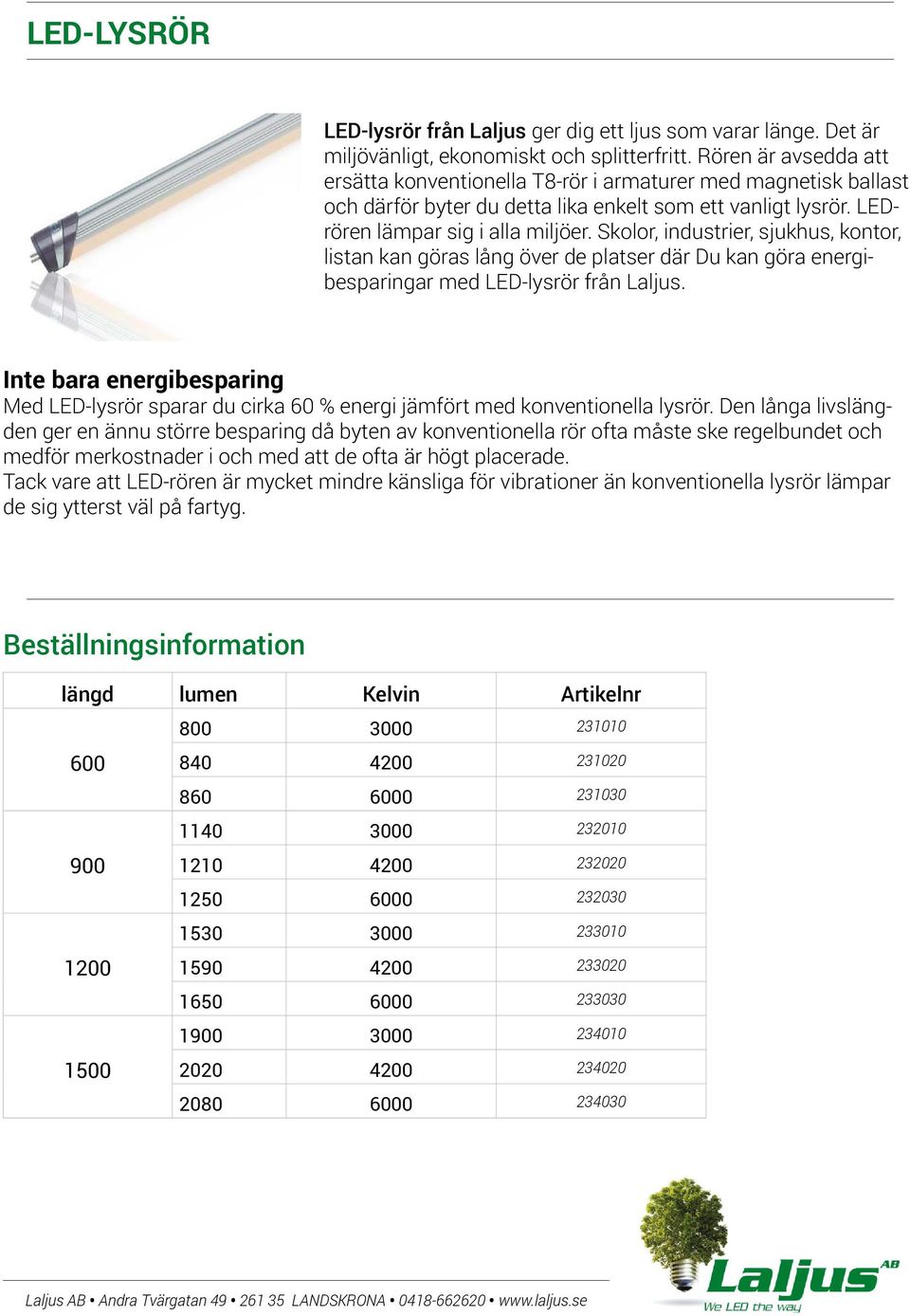 Skolor, industrier, sjukhus, kontor, listan kan göras lång över de platser där Du kan göra energibesparingar med LED-lysrör från Laljus.