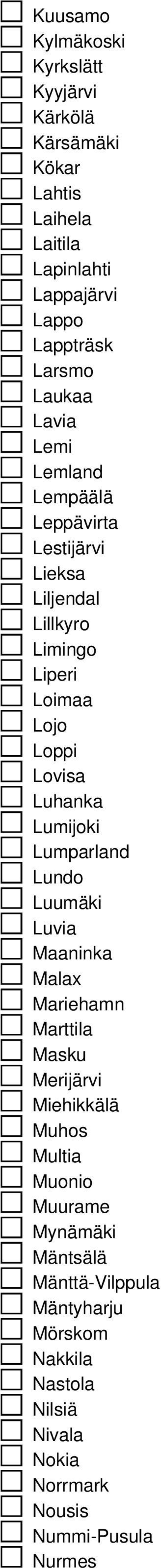 Lovisa Luhanka Lumijoki Lumparland Lundo Luumäki Luvia Maaninka Malax Mariehamn Marttila Masku Merijärvi Miehikkälä Muhos Multia