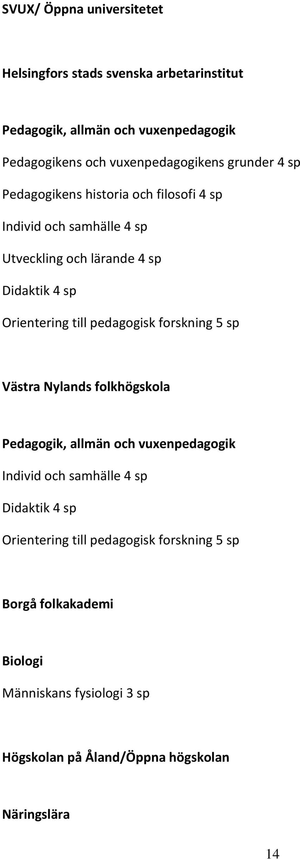 Orientering till pedagogisk forskning 5 sp Västra Nylands folkhögskola Pedagogik, allmän och vuxenpedagogik Individ och samhälle 4 sp
