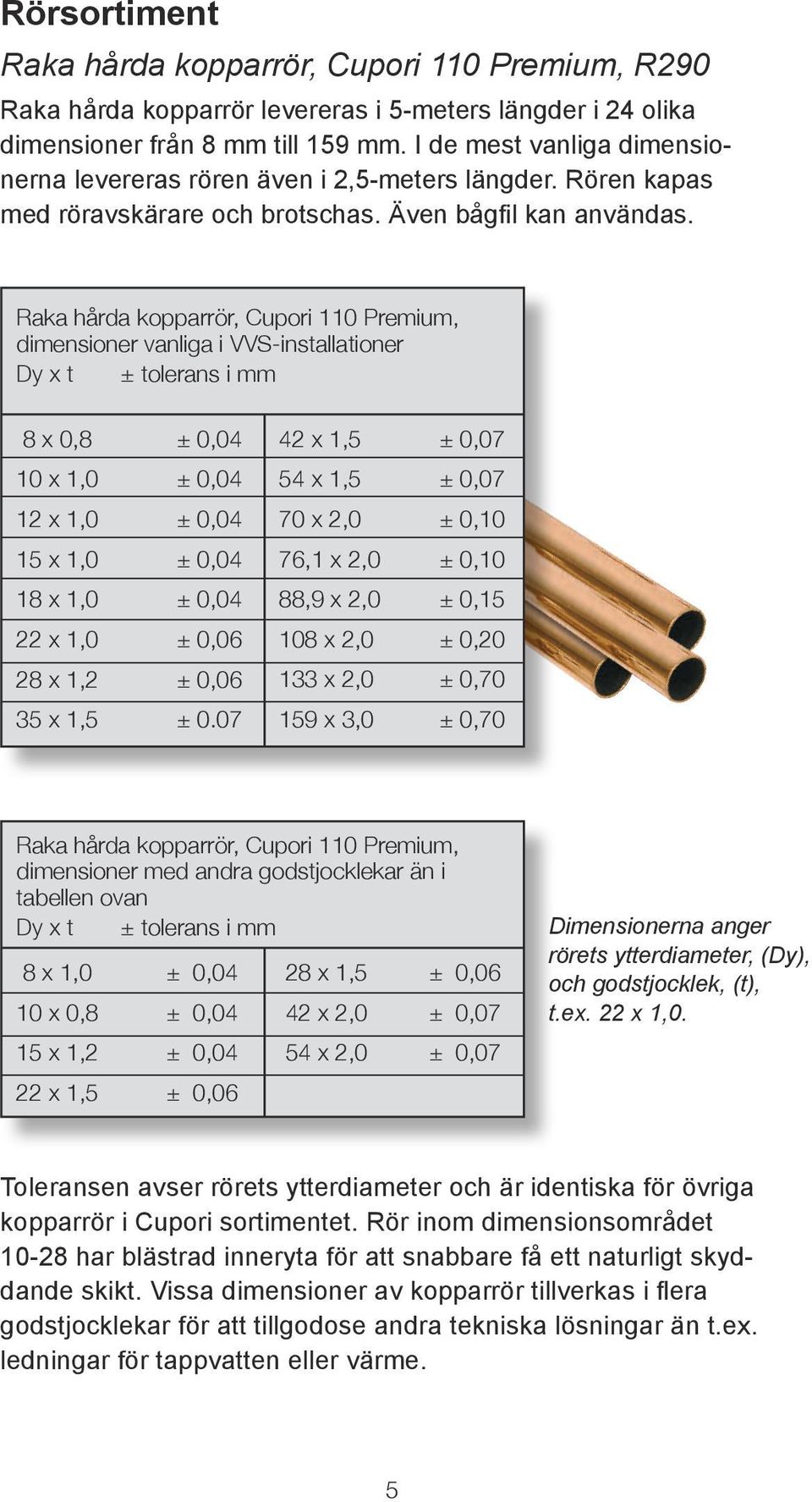 Raka hårda kopparrör, Cupori 110 Premium, dimensioner vanliga i VVS-installationer Dy x t ± tolerans i mm 8 x 0,8 ± 0,04 10 x 1,0 ± 0,04 12 x 1,0 ± 0,04 15 x 1,0 ± 0,04 18 x 1,0 ± 0,04 22 x 1,0 ±