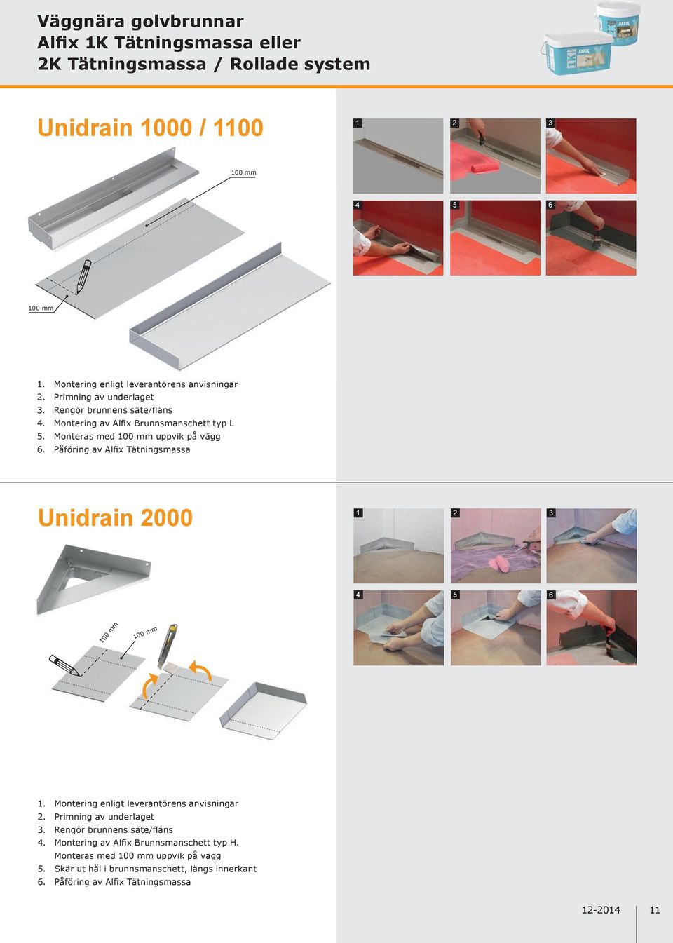 Påföring av Alfix Tätningsmassa Unidrain 2000 4 5 6 100 mm 100 mm 4. Montering av Alfix Brunnsmanschett typ H.