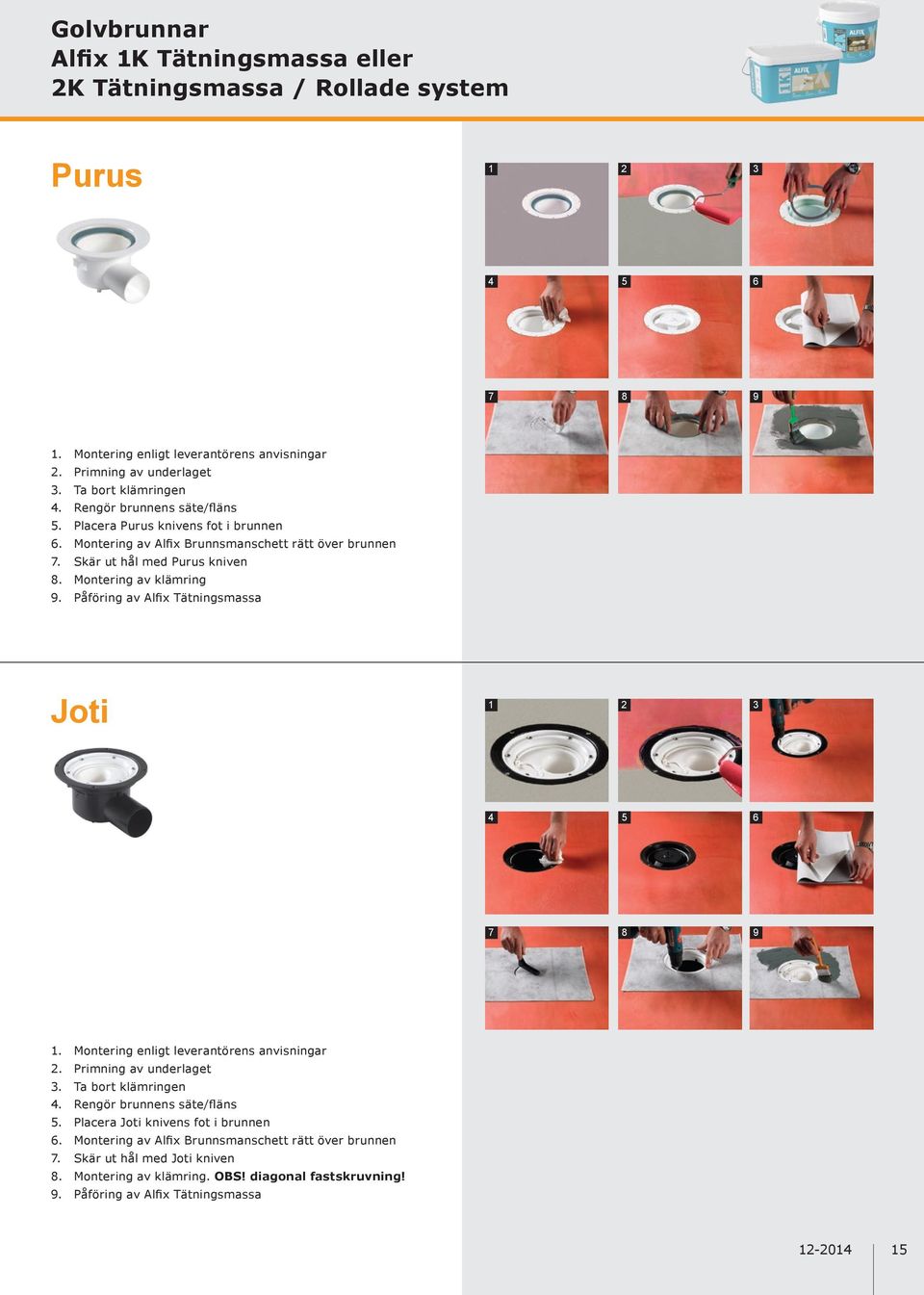 Påföring av Alfix Tätningsmassa Joti 8 9 3. Ta bort klämringen 4. Rengör brunnens säte/fläns 5. Placera Joti knivens fot i brunnen 6.