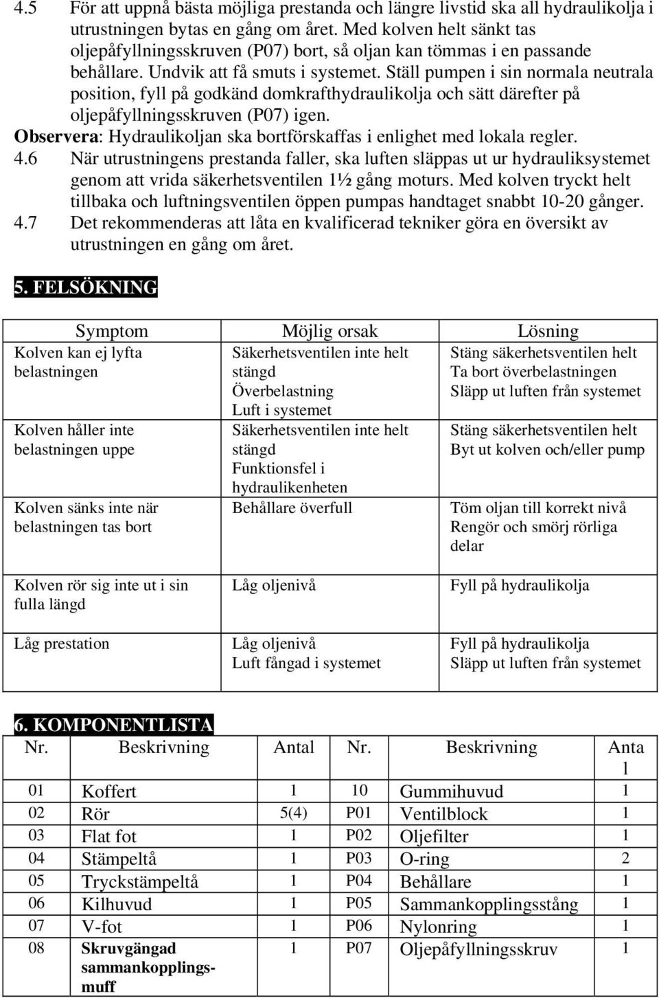 Ställ pumpen i sin normala neutrala position, fyll på godkänd domkrafthydraulikolja och sätt därefter på oljepåfyllningsskruven (P07) igen.