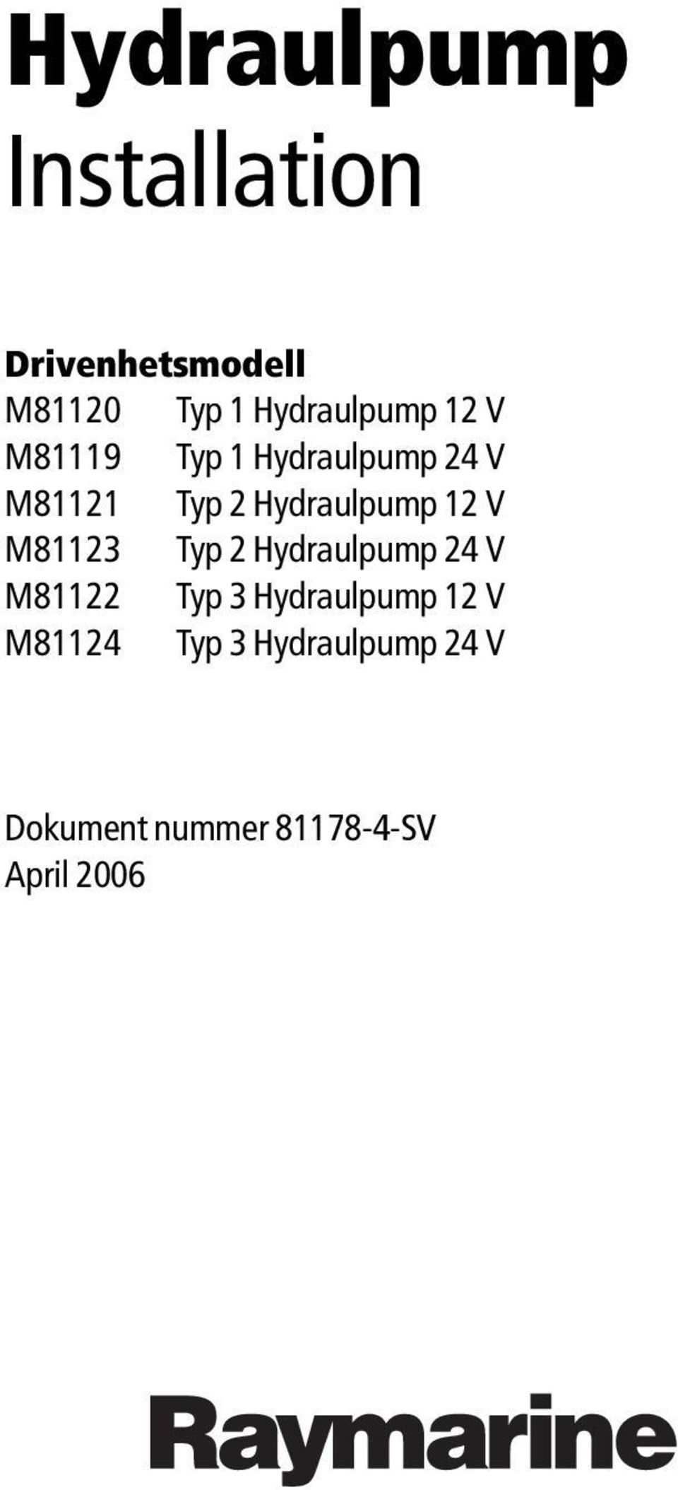 Hydraulpump 12 V M81123 Typ 2 Hydraulpump 24 V M81122 Typ 3