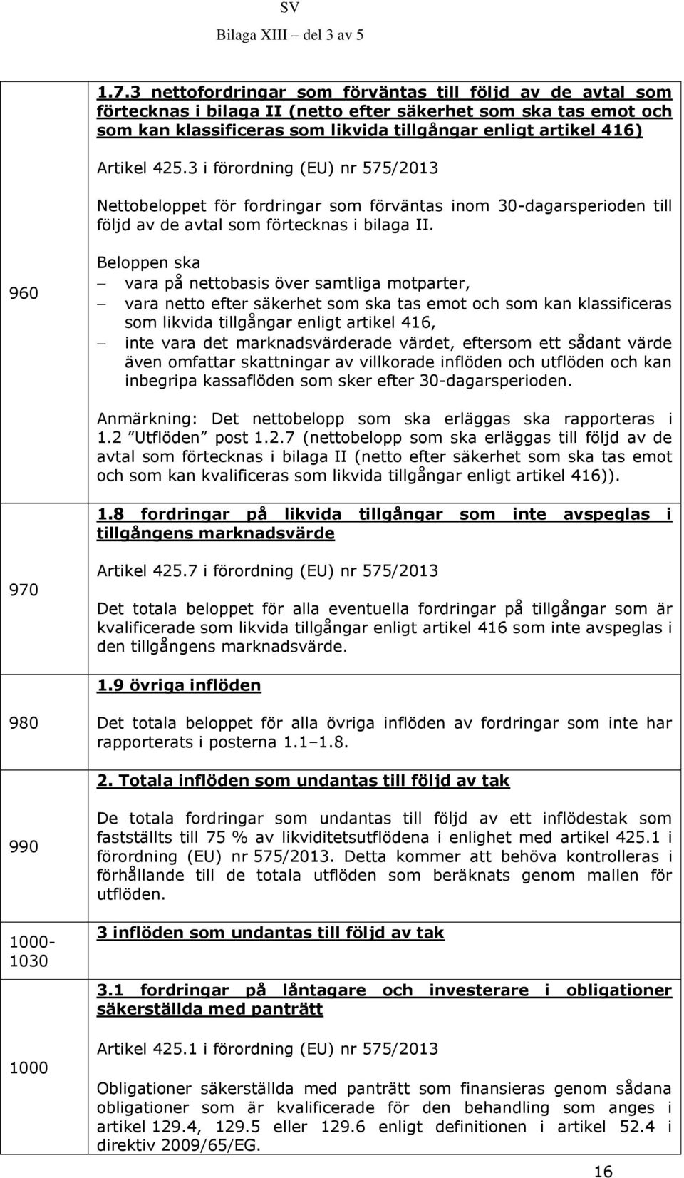 960 Beloppen ska vara på nettobasis över samtliga motparter, vara netto efter säkerhet som ska tas emot och som kan klassificeras som likvida tillgångar enligt artikel 416, inte vara det