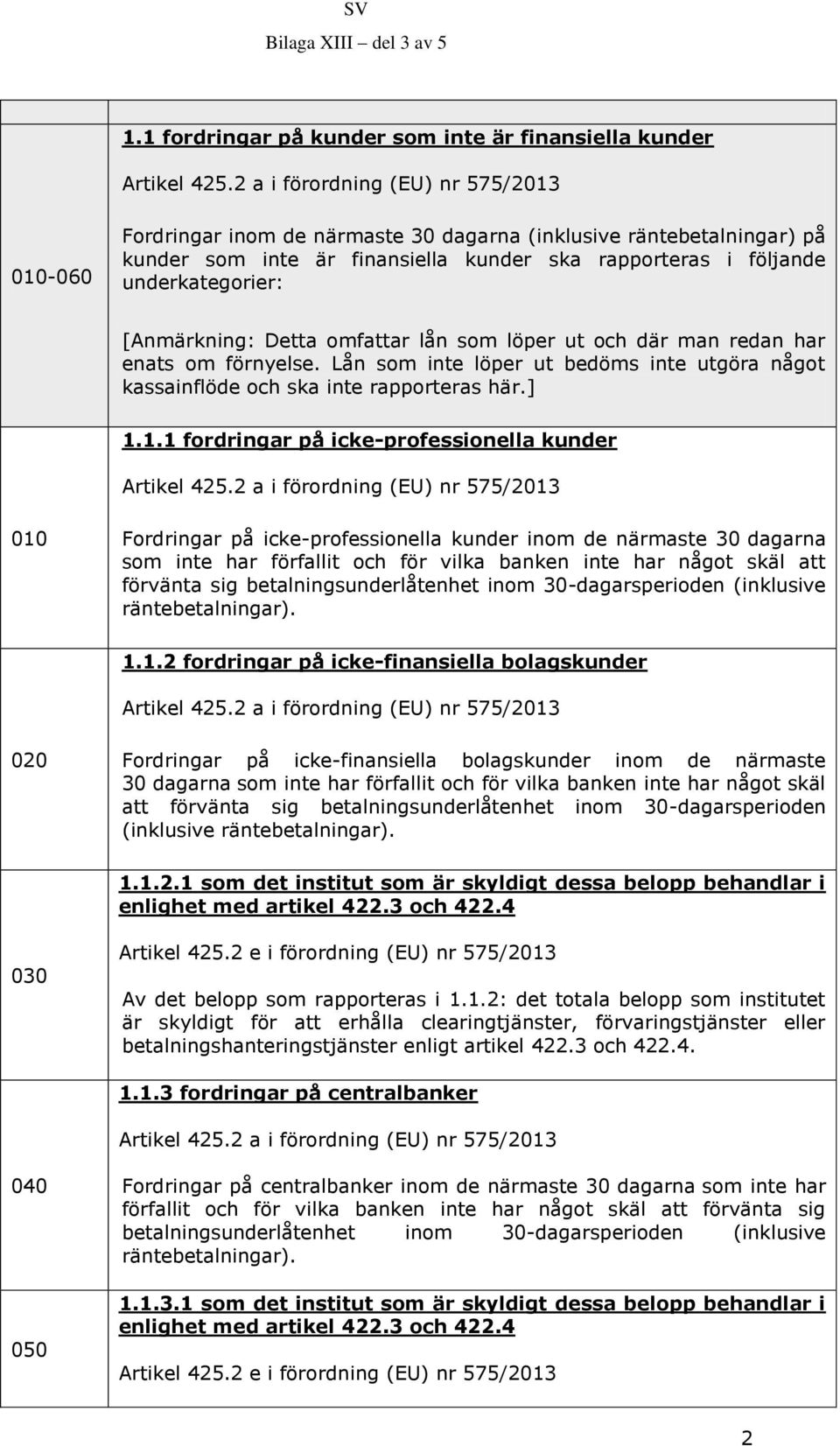 [Anmärkning: Detta omfattar lån som löper ut och där man redan har enats om förnyelse. Lån som inte löper ut bedöms inte utgöra något kassainflöde och ska inte rapporteras här.] 1.