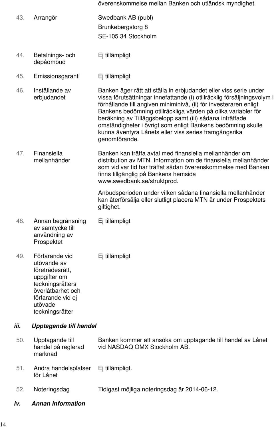 Finansiella mellanhänder Banken äger rätt att ställa in erbjudandet eller viss serie under vissa förutsättningar innefattande (i) otillräcklig försäljningsvolym i förhållande till angiven miniminivå,