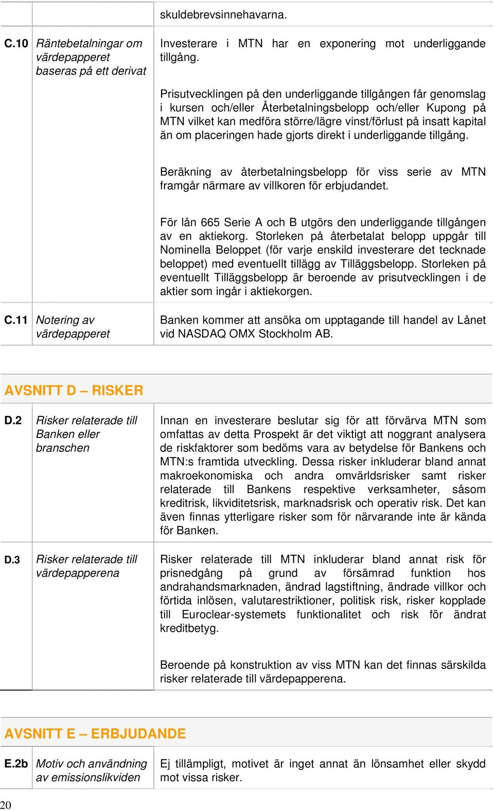 placeringen hade gjorts direkt i underliggande tillgång. Beräkning av återbetalningsbelopp för viss serie av MTN framgår närmare av villkoren för erbjudandet.