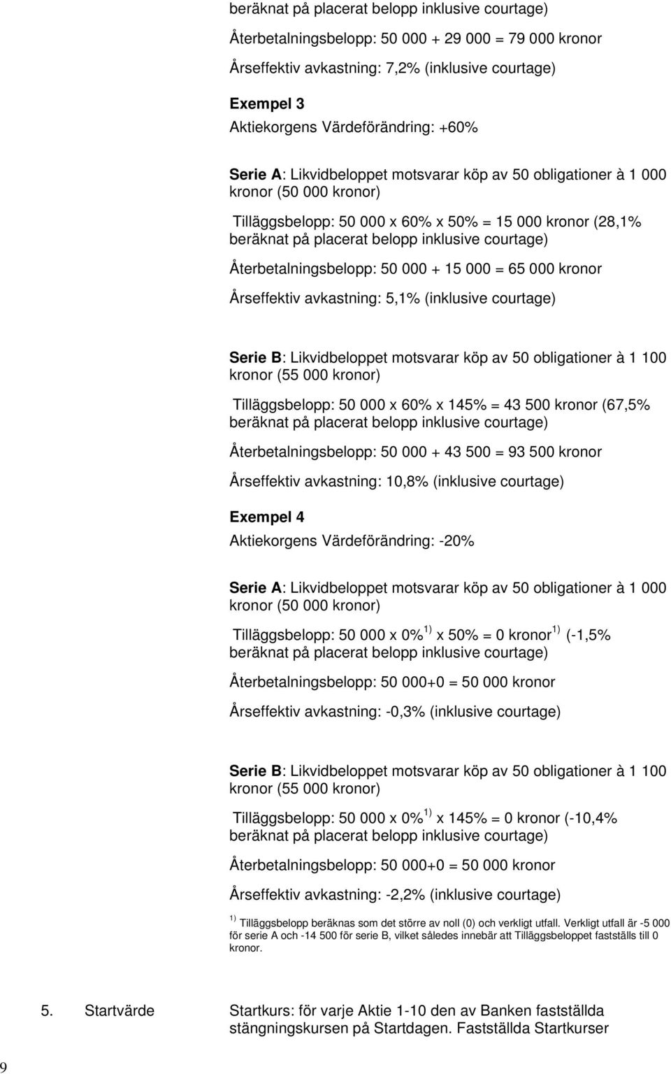 Återbetalningsbelopp: 50 000 + 15 000 = 65 000 kronor Årseffektiv avkastning: 5,1% (inklusive courtage) Serie B: Likvidbeloppet motsvarar köp av 50 obligationer à 1 100 kronor (55 000 kronor)