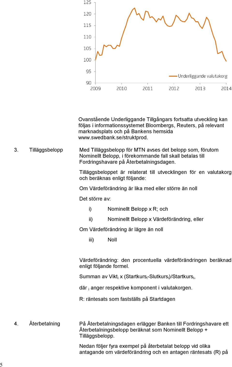 Tilläggsbeloppet är relaterat till utvecklingen för en valutakorg och beräknas enligt följande: Om Värdeförändring är lika med eller större än noll Det större av: i) Nominellt Belopp x R; och ii)