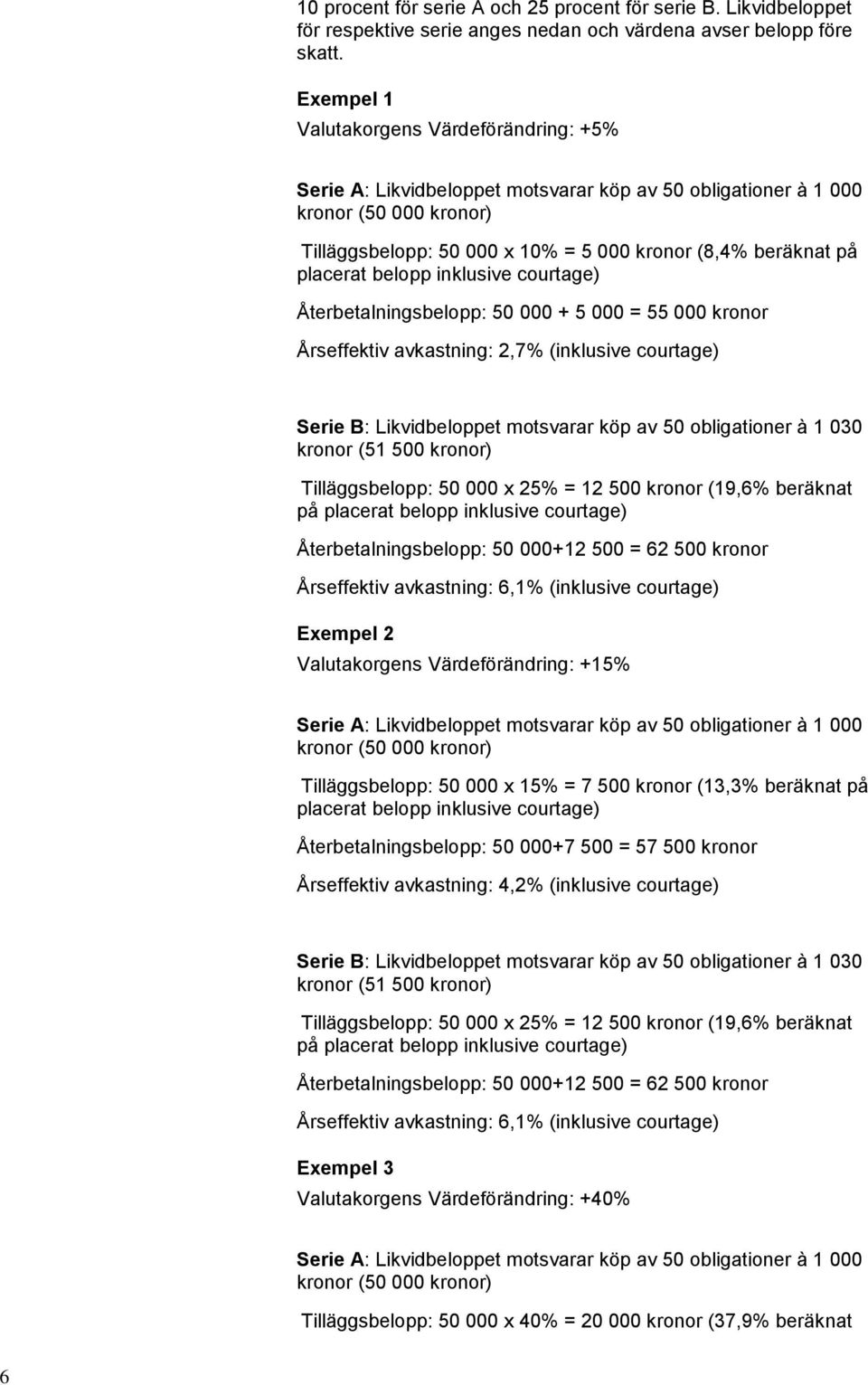 placerat belopp inklusive courtage) Återbetalningsbelopp: 50 000 + 5 000 = 55 000 kronor Årseffektiv avkastning: 2,7% (inklusive courtage) Serie B: Likvidbeloppet motsvarar köp av 50 obligationer à 1