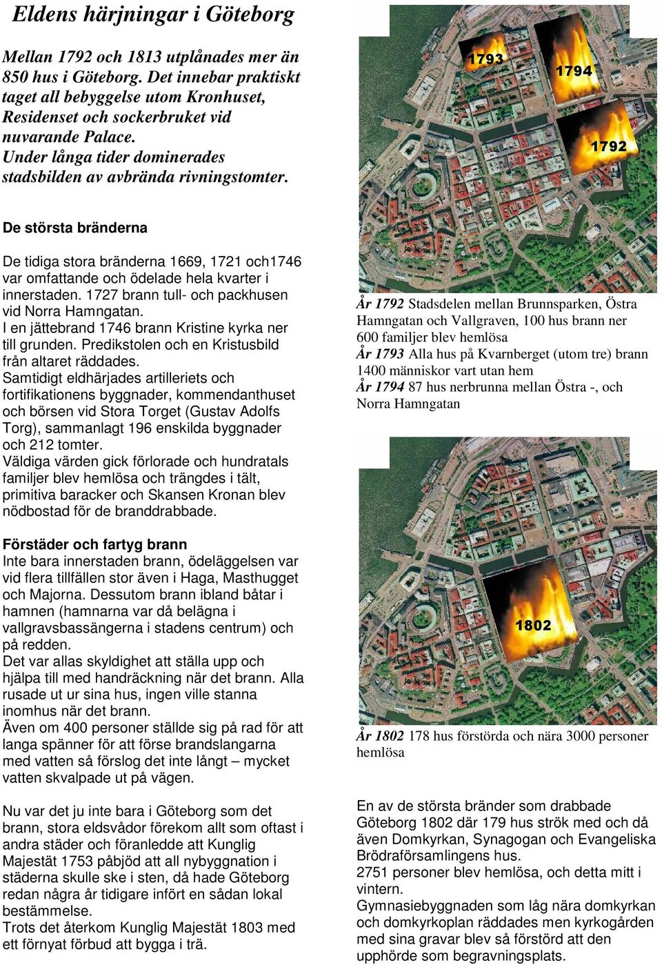 1793 1794 1792 De största bränderna De tidiga stora bränderna 1669, 1721 och1746 var omfattande och ödelade hela kvarter i innerstaden. 1727 brann tull- och packhusen vid Norra Hamngatan.
