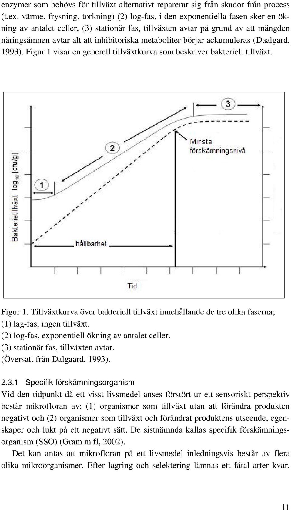 inhibitoriska metaboliter börjar ackumuleras (Daalgard, 1993). Figur 1 visar en generell tillväxtkurva som beskriver bakteriell tillväxt. Figur 1. Tillväxtkurva över bakteriell tillväxt innehållande de tre olika faserna; (1) lag-fas, ingen tillväxt.