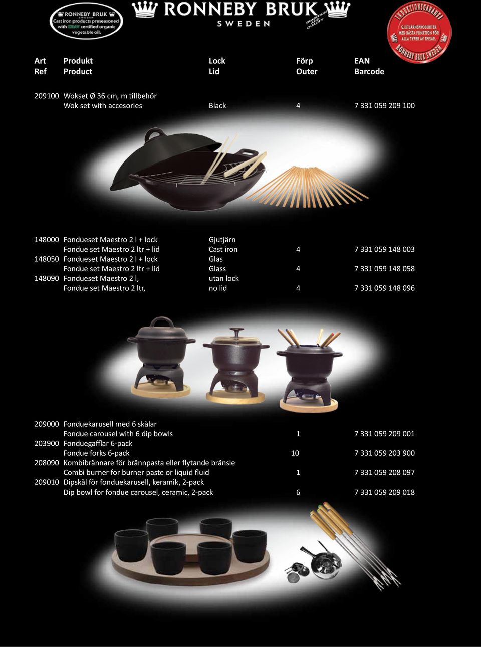 Maestro 2 ltr, no lid 4 7 331 059 148 096 209000 Fonduekarusell med 6 skålar Fondue carousel with 6 dip bowls 1 7 331 059 209 001 203900 Fonduegafflar 6-pack Fondue forks 6-pack 10 7 331 059 203 900