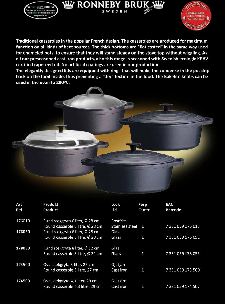 As all our preseasoned cast iron products, also this range is seasoned with Swedish ecologic KRAVcertified rapeseed oil. No artificial coatings are used in our production.