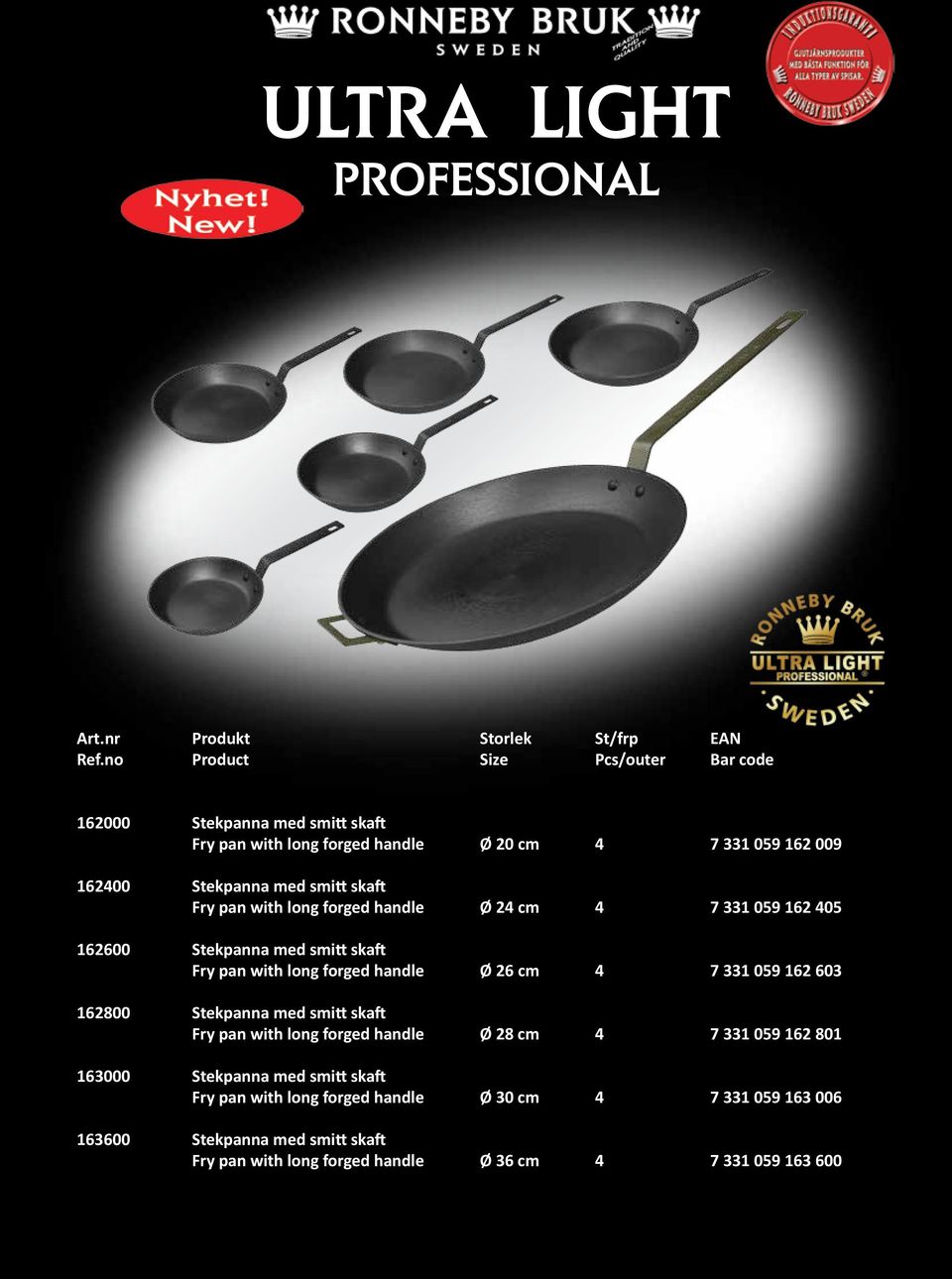 Fry pan with long forged handle Ø 24 cm 4 7 331 059 162 405 162600 Stekpanna med smitt skaft Fry pan with long forged handle Ø 26 cm 4 7 331 059 162 603 162800