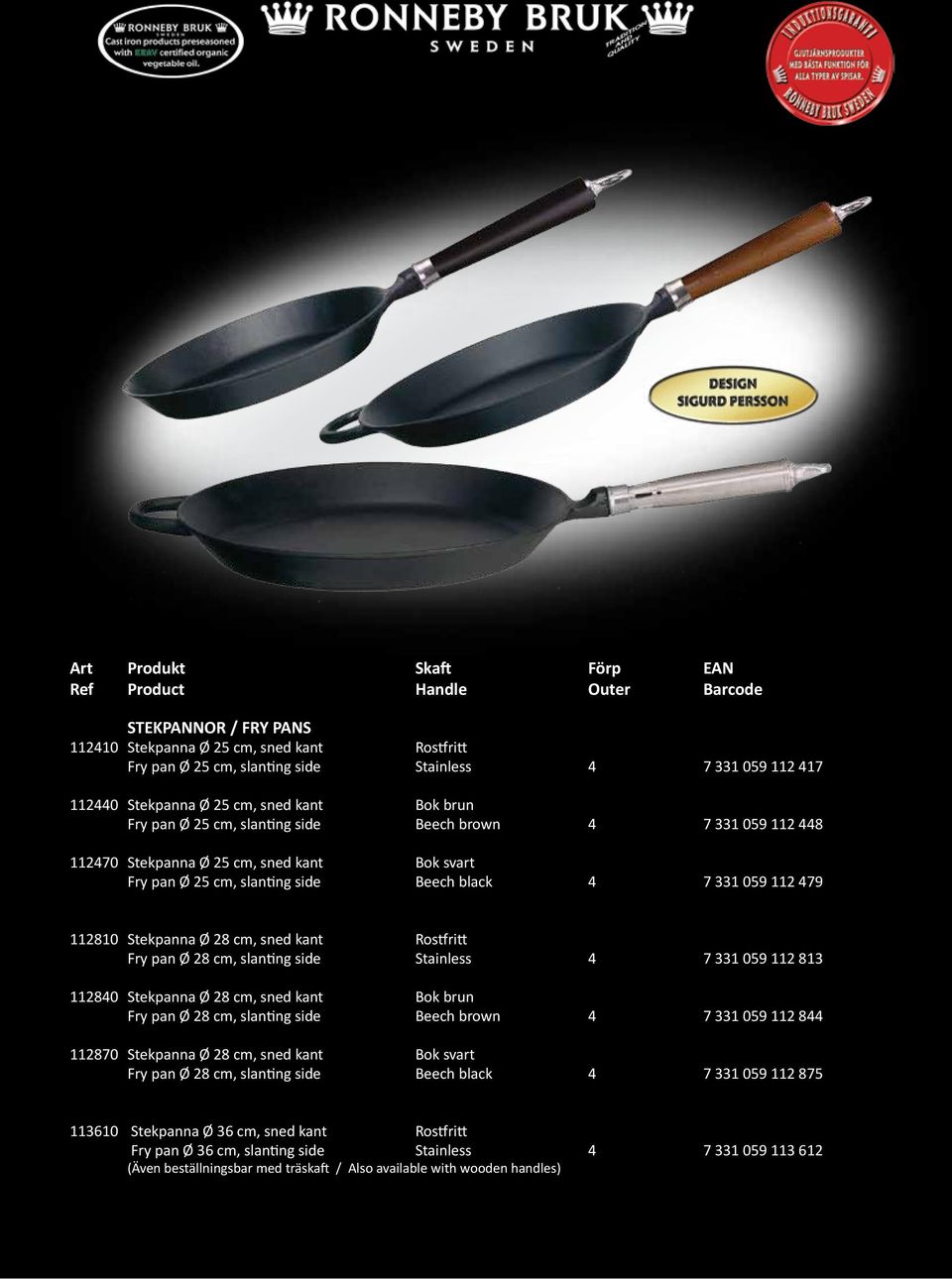 059 112 479 112810 Stekpanna Ø 28 cm, sned kant Rostfritt Fry pan Ø 28 cm, slanting side Stainless 4 7 331 059 112 813 112840 Stekpanna Ø 28 cm, sned kant Bok brun Fry pan Ø 28 cm, slanting side