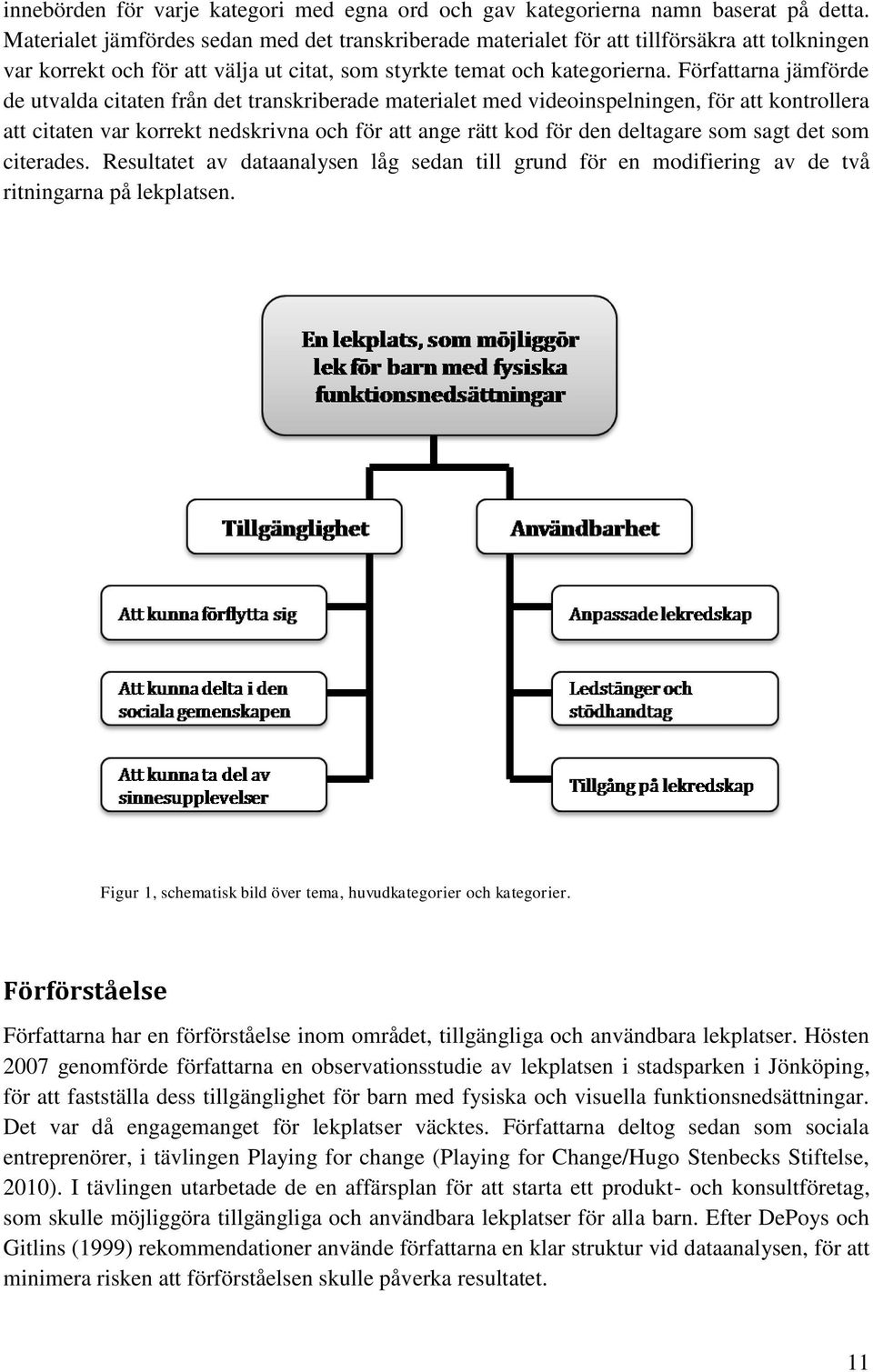 Författarna jämförde de utvalda citaten från det transkriberade materialet med videoinspelningen, för att kontrollera att citaten var korrekt nedskrivna och för att ange rätt kod för den deltagare