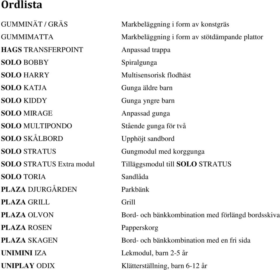 Anpassad trappa Spiralgunga Multisensorisk flodhäst Gunga äldre barn Gunga yngre barn Anpassad gunga Stående gunga för två Upphöjt sandbord Gungmodul med korggunga Tilläggsmodul till