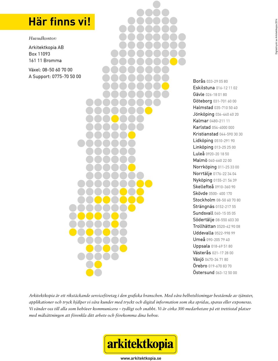 Göteborg 031-701 60 00 Halmstad 035-710 50 40 Jönköping 036-440 40 20 Kalmar 0480-211 11 Karlstad 054-4000 000 Kristianstad 044-590 30 30 Lidköping 0510-291 90 Linköping 013-25 25 00 Luleå 0920-20 18