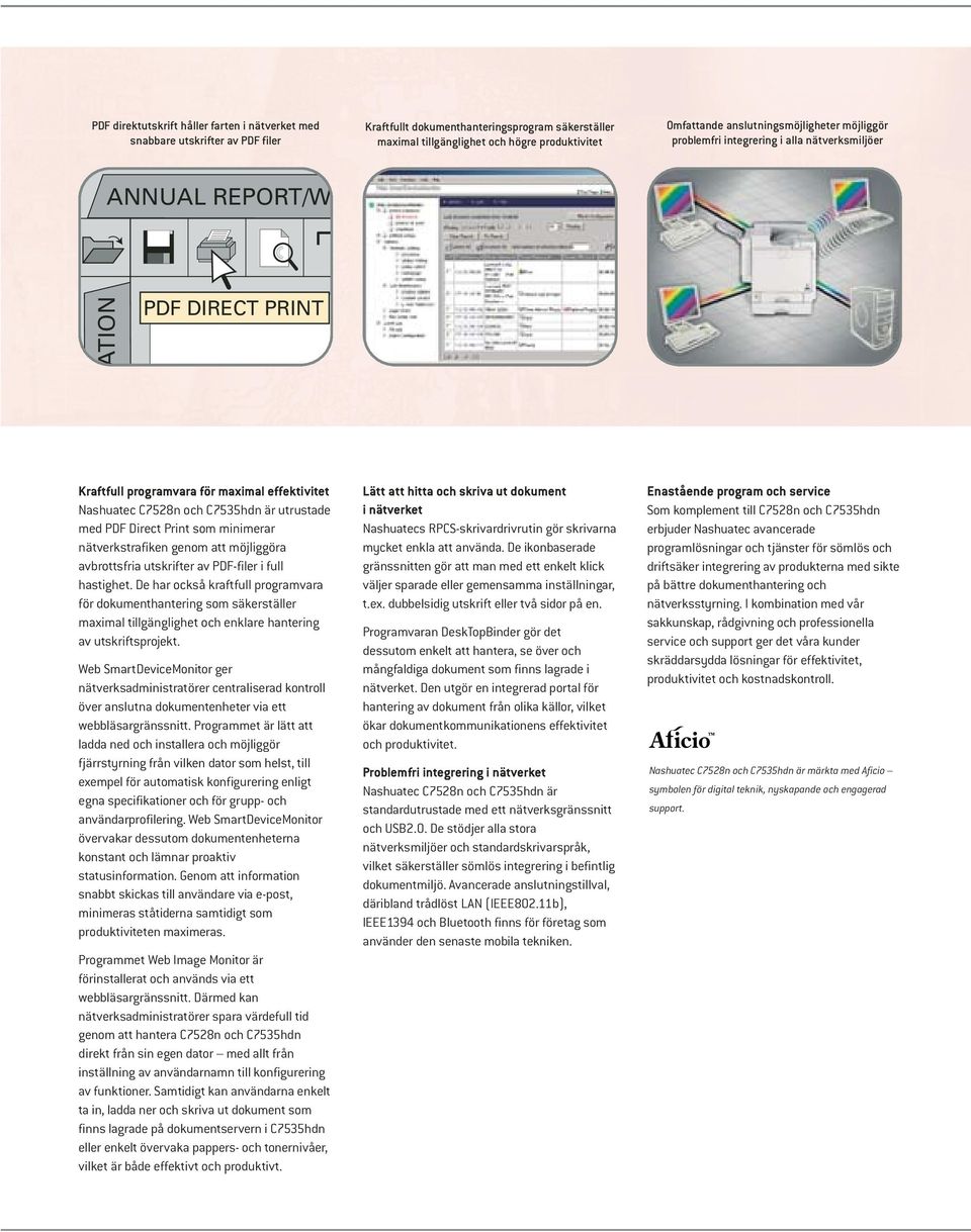 utrustade med PDF Direct Print som minimerar nätverkstrafiken genom att möjliggöra avbrottsfria utskrifter av PDF-filer i full hastighet.