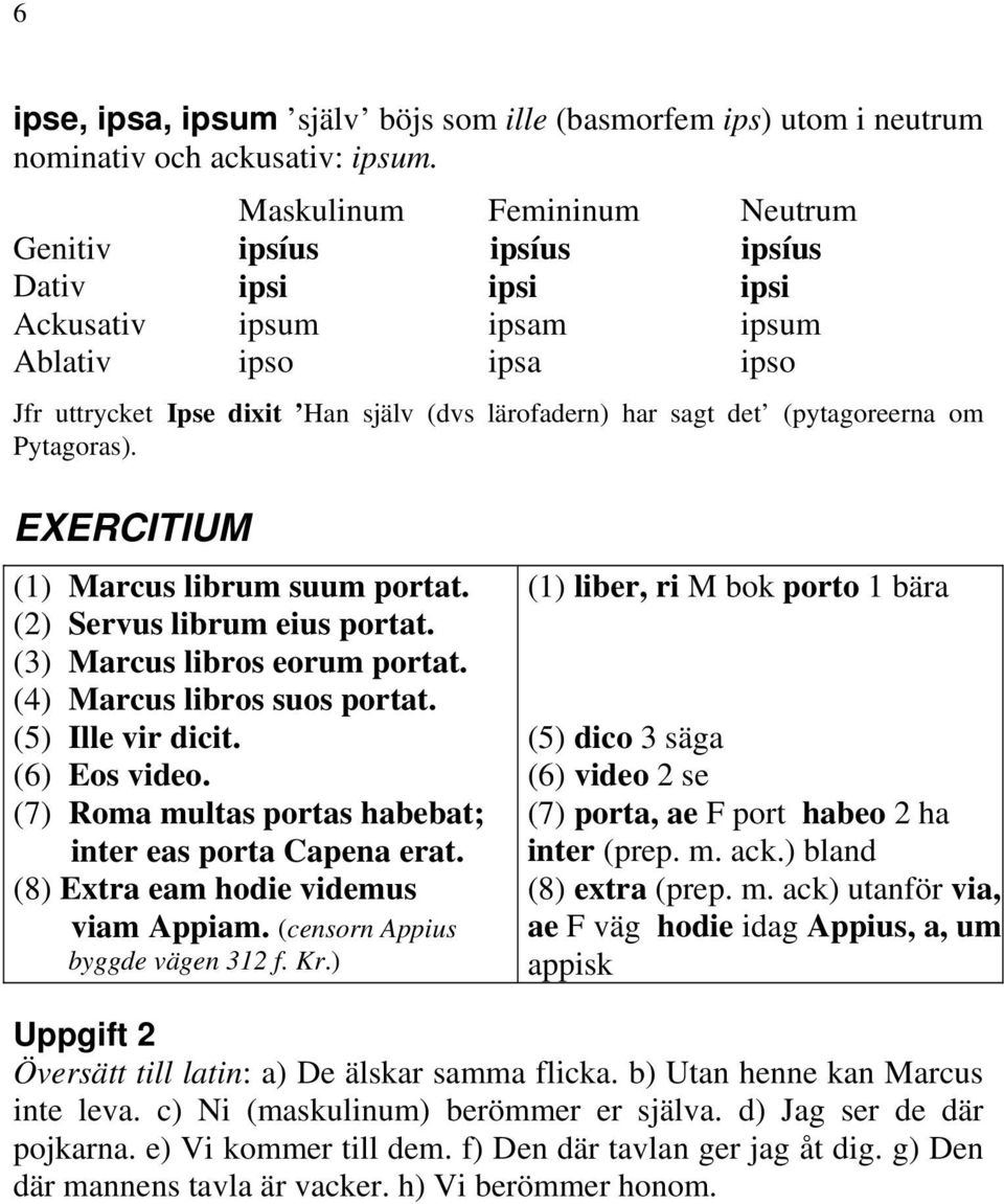 (pytagoreerna om Pytagoras). EXERCITIUM (1) Marcus librum suum portat. (2) Servus librum eius portat. (3) Marcus libros eorum portat. (4) Marcus libros suos portat. (5) Ille vir dicit. (6) Eos video.