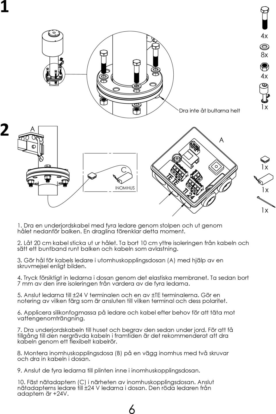 Gör hål för kabels ledare i utomhuskopplingsdosan (A) med hjälp av en skruvmejsel enligt bilden. 4. Tryck försiktigt in ledarna i dosan genom det elastiska membranet.