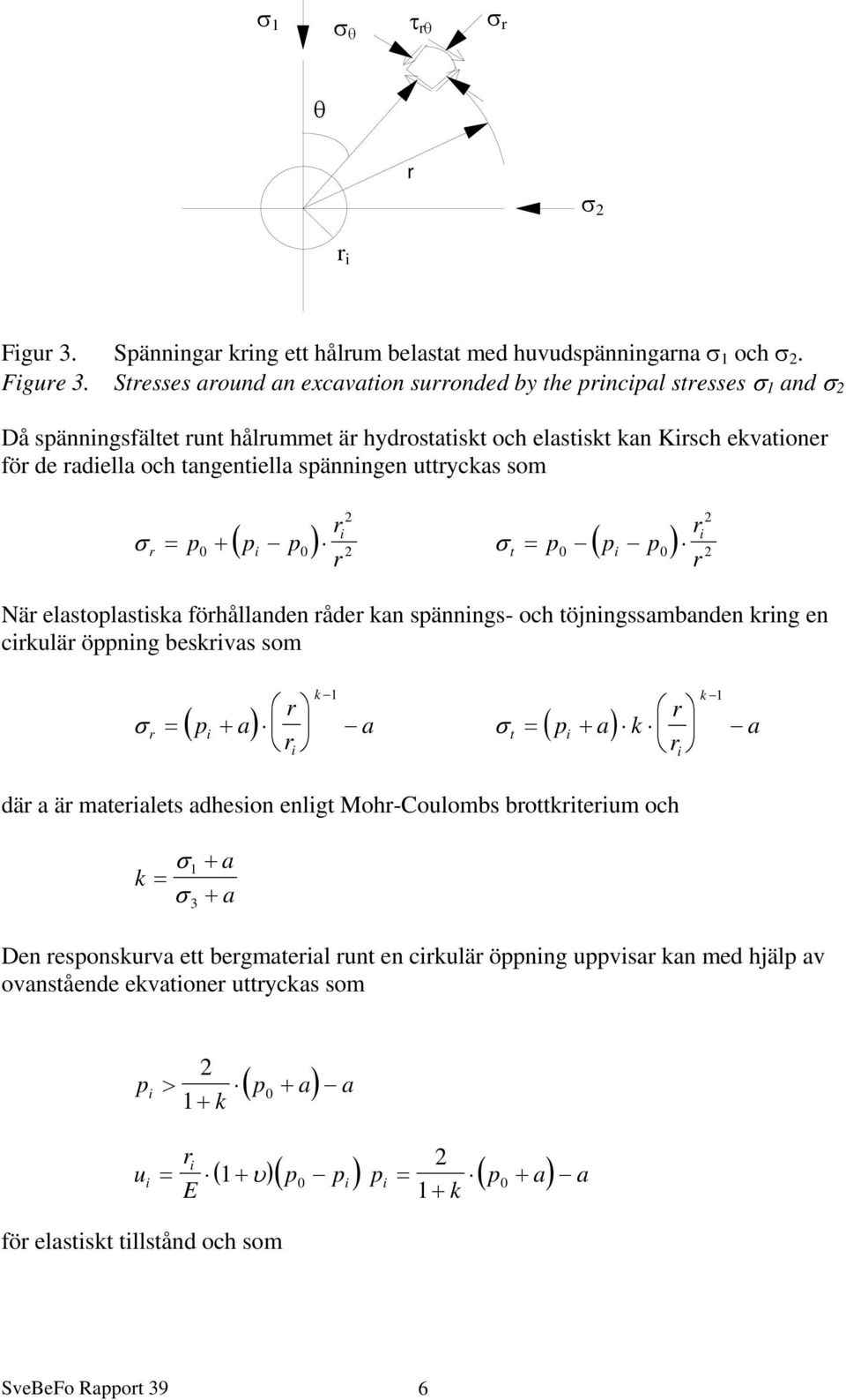 spänningen uttryckas som 2 i σ r = p0 + ( p i p0) r r 2 i σ t = i 2 2 p0 ( p p0) När elastoplastiska förhållanden råder kan spännings- och töjningssambanden kring en cirkulär öppning beskrivas som r