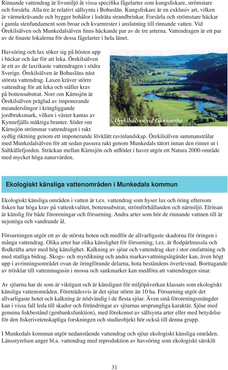 Forsärla och strömstare häckar i gamla stenfundament som broar och kvarnrester i anslutning till rinnande vatten. Vid Örekilsälven och Munkedalsälven finns häckande par av de tre arterna.