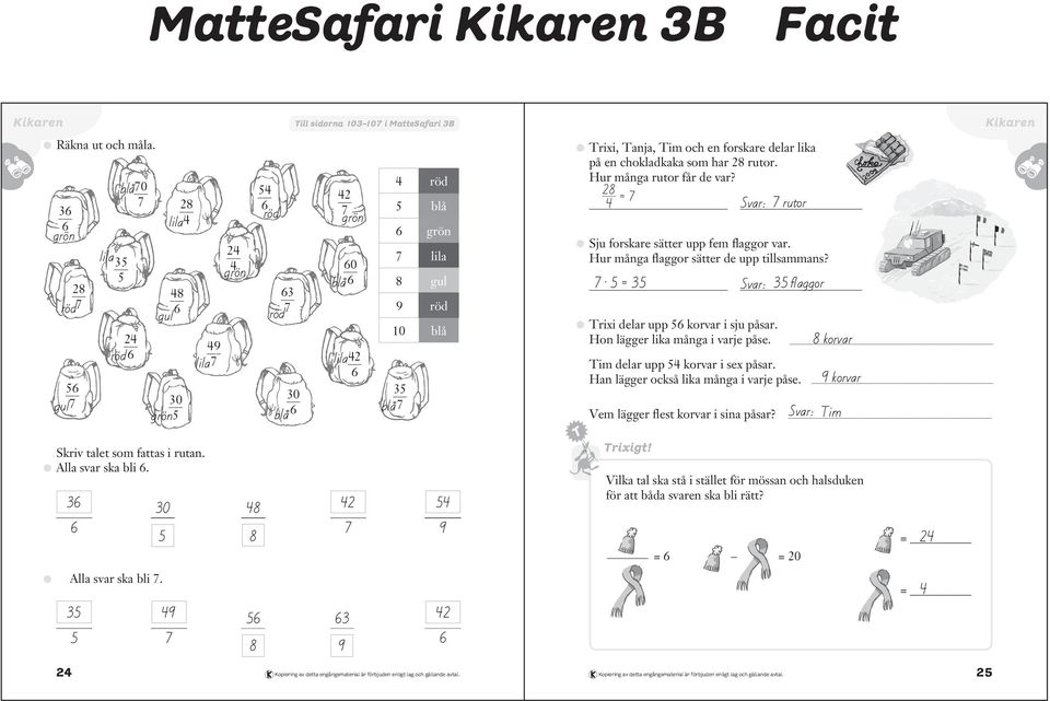 = 3 Svar: 3 flaggor Trixi delar upp korvar i sju påsar. Hon lägger lika många i varje påse. _ korvar 3 Vilka tal ska stå i stället för mössan och halsduken för att båda svaren ska bli rätt?