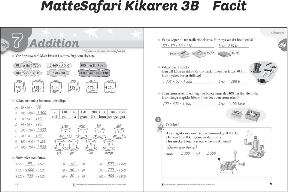 3 + = 3 blå 3 orange brun rosa I den stora asken med magiska bönor finns det fler än i den lilla. Hur många magiska bönor finns det i den stora asken? Räkna och måla hattarna i rätt färg.