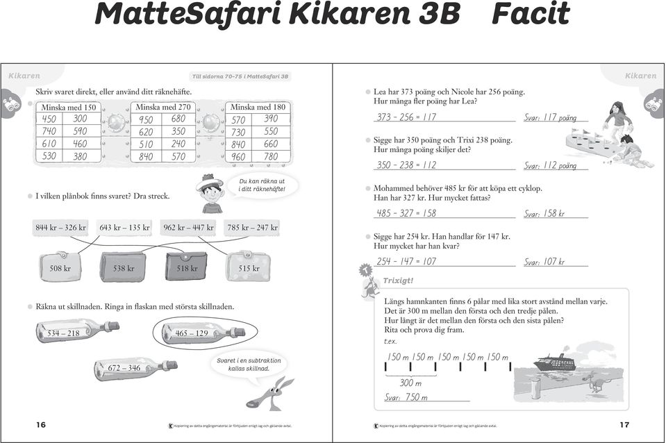 3 3 = 3 kr 3 kr kr kr kr 3 kr kr kr kr kr Svar: poäng Mohammed behöver kr för att köpa ett cyklop. Han har 3 kr. Hur mycket fattas? 3 = kr 3 kr Svar: poäng Svar: kr Sigge har kr. Han handlar för kr.