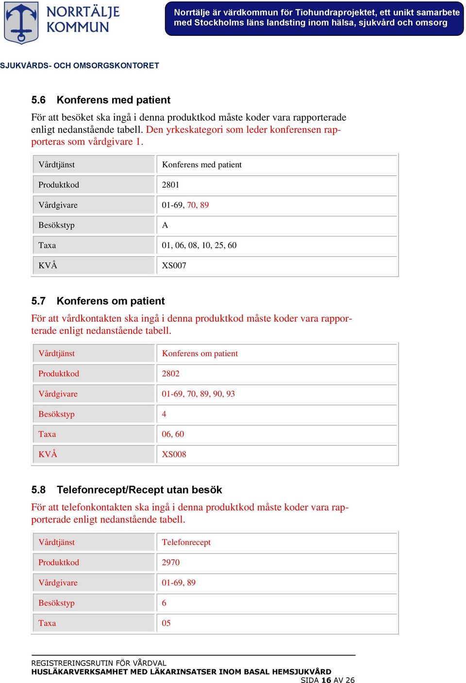 7 Konferens om patient För att vårdkontakten ska ingå i denna produktkod måste koder vara rapporterade enligt nedanstående tabell.