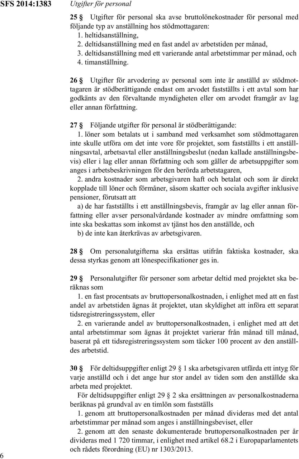 26 Utgifter för arvodering av personal som inte är anställd av stödmottagaren är stödberättigande endast om arvodet fastställts i ett avtal som har godkänts av den förvaltande myndigheten eller om