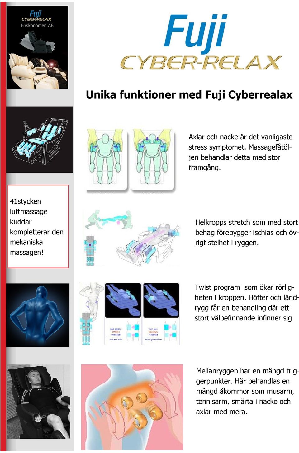 Helkropps stretch som med stort behag förebygger ischias och övrigt stelhet i ryggen. Twist program som ökar rörligheten i kroppen.