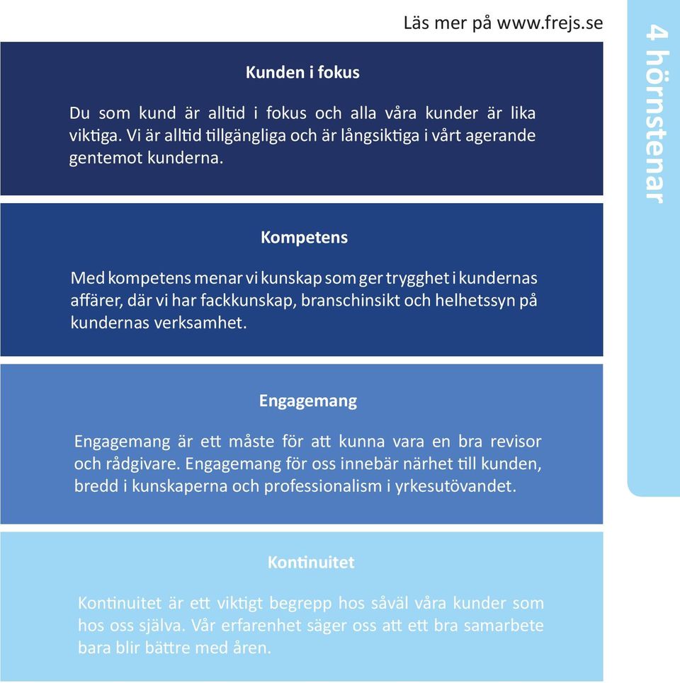 Med kompetens menar vi kunskap som ger trygghet i kundernas affärer, där vi har fackkunskap, branschinsikt och helhetssyn på kundernas verksamhet.