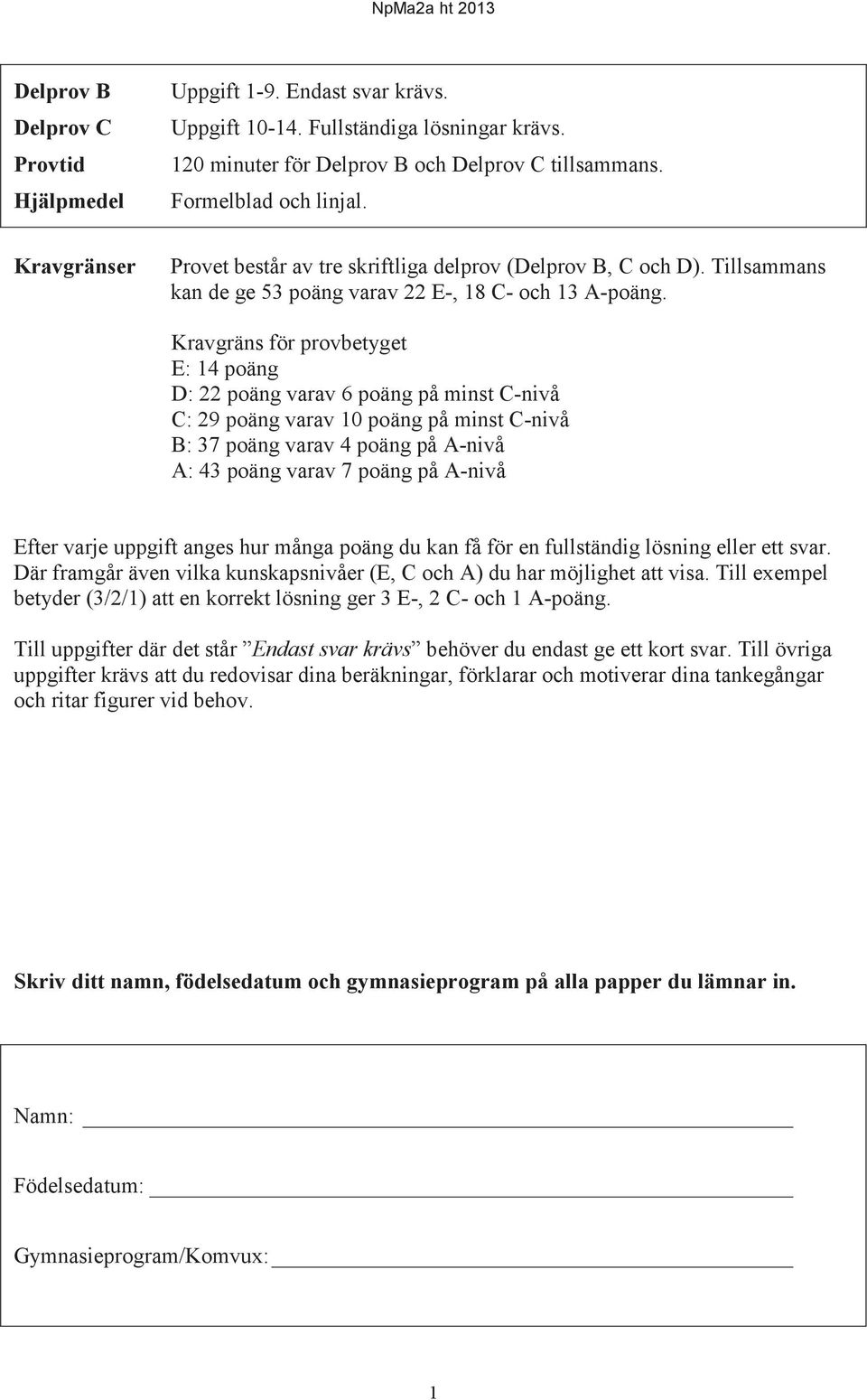 Kravgräns för provbetyget E: 14 poäng D: poäng varav 6 poäng på minst C-nivå C: 9 poäng varav 10 poäng på minst C-nivå B: 37 poäng varav 4 poäng på A-nivå A: 43 poäng varav 7 poäng på A-nivå Efter