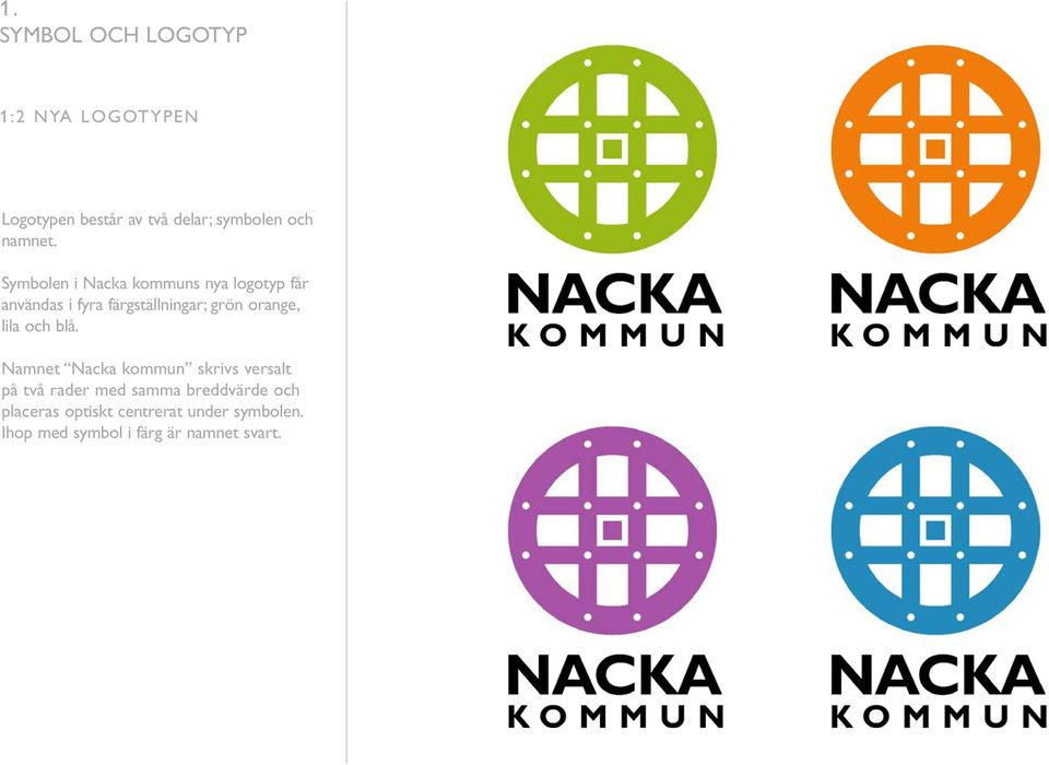 Symbolen i Nacka kommuns nya logotyp får användas i fyra färgställningar; grön orange,
