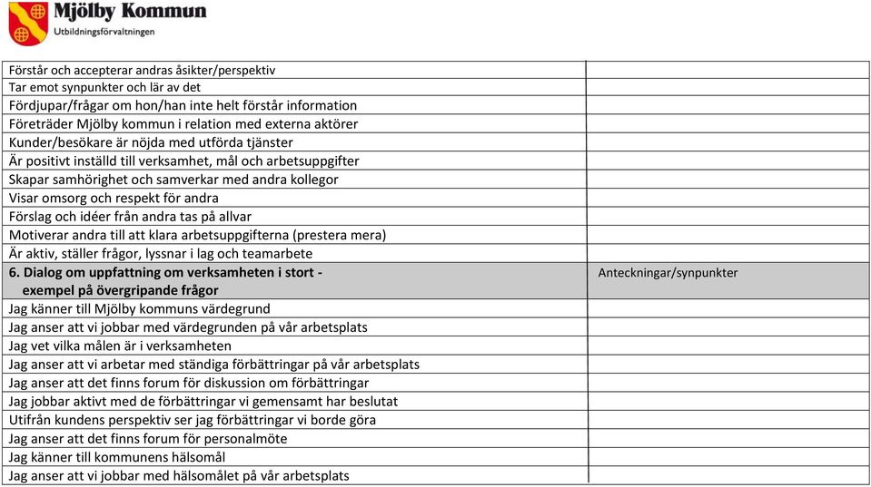 Förslag och idéer från andra tas på allvar Motiverar andra till att klara arbetsuppgifterna (prestera mera) Är aktiv, ställer frågor, lyssnar i lag och teamarbete 6.