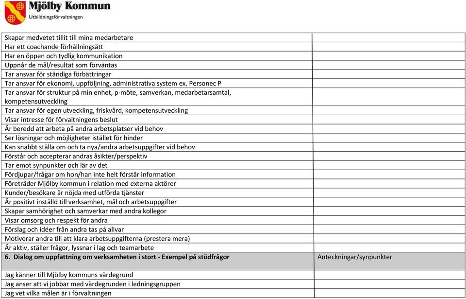 Personec P Tar ansvar för struktur på min enhet, p-möte, samverkan, medarbetarsamtal, kompetensutveckling Tar ansvar för egen utveckling, friskvård, kompetensutveckling Visar intresse för